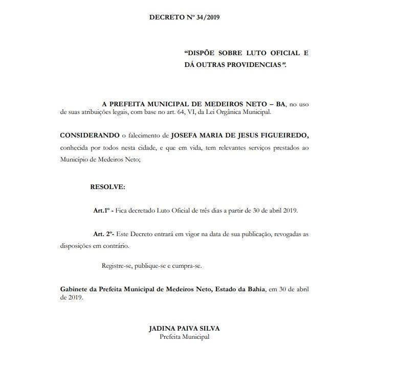 Prefeita Jádina emite nota de pesar pelo falecimento de dona Josefa e decreta luto de três dias