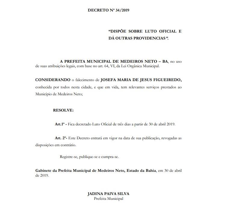 Prefeita JÃ¡dina emite nota de pesar pelo falecimento de dona Josefa e decreta luto de trÃªs dias