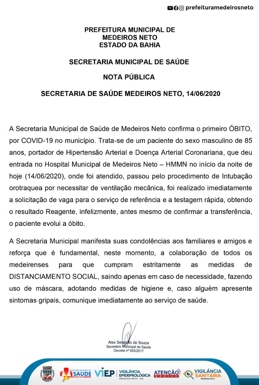 Secretaria Municipal de Saúde de Medeiros Neto comunica o primeiro óbito por Covid-19 no município