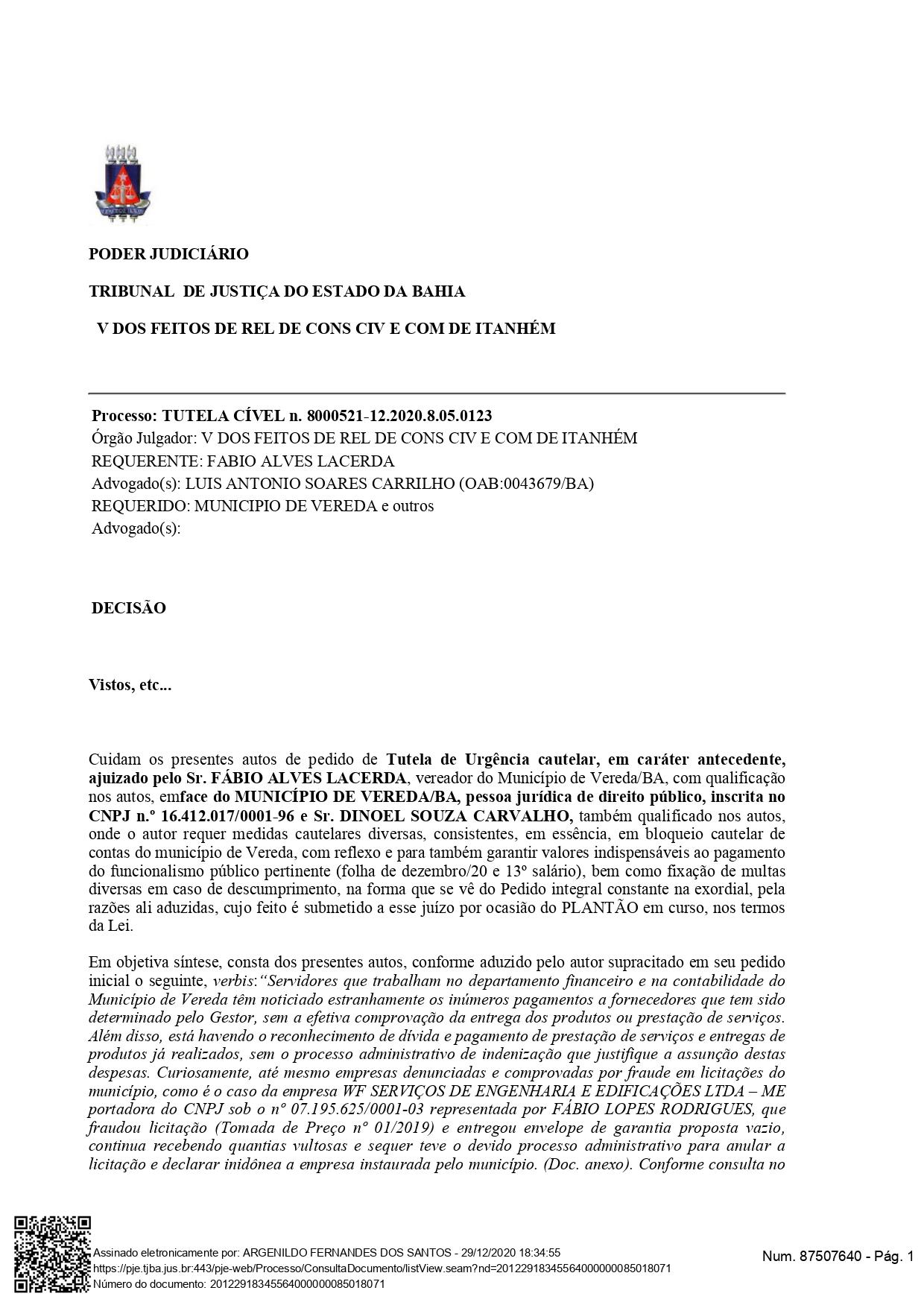 Justiça bloqueia contas da Prefeitura de Vereda após denúncias