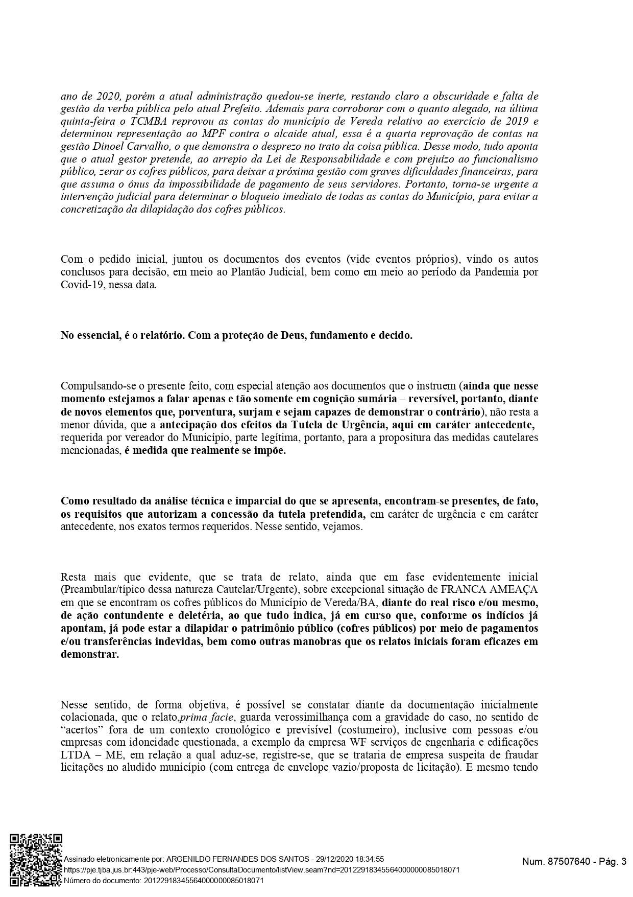 Justiça bloqueia contas da Prefeitura de Vereda após denúncias
