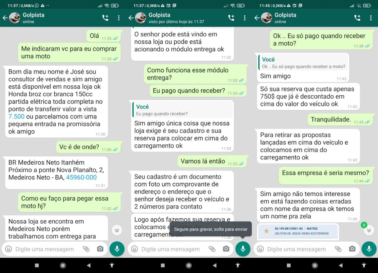 ALERTA: Bandido usa CNPJ e nome de empresa de Medeiros Neto para aplicar golpe de venda de motos na região