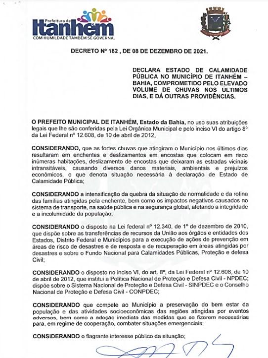 Itanhém decreta Estado de Calamidade Pública
